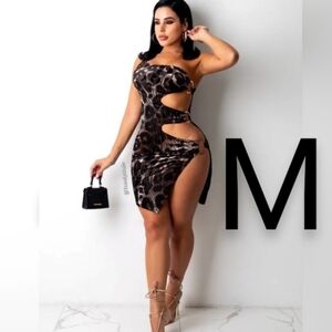 🆕Sexy Leopard Velour Mesh One Shoulder Cut Out Side Mini Dress~Size M